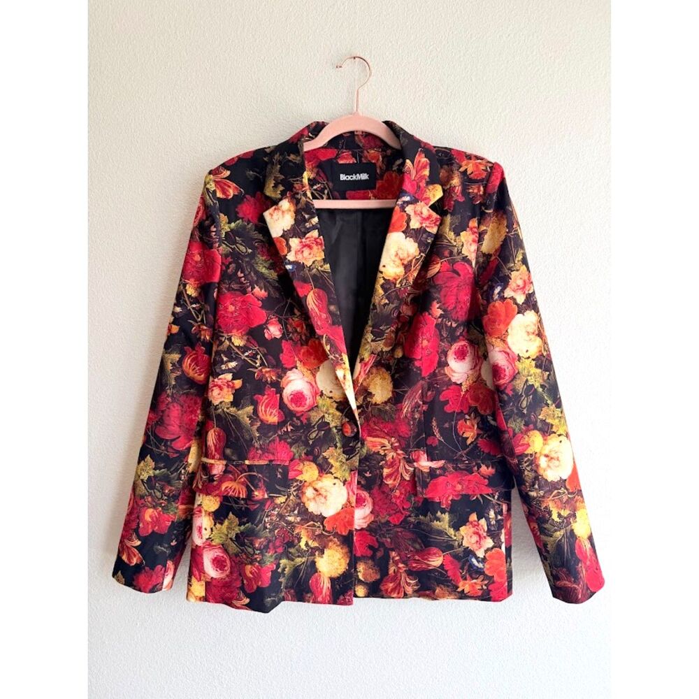 Blackmilk Flower Mignon Blazer Black & Red Floral Graphic Print Medium 8 10 NWT